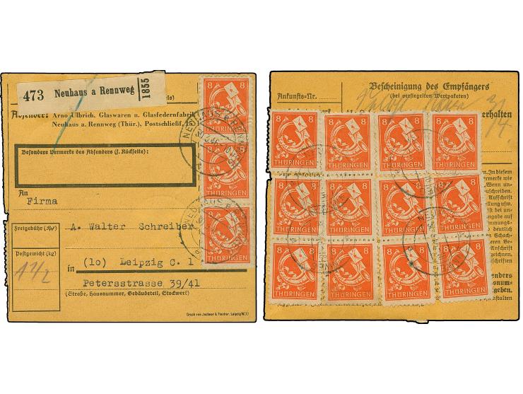 1945, &nbsp;8 Pfg. rotorange, 15 Stück mit Stempel “NEUHAUS a. RENNWEG 30.3.46” als tarifgerechte Mehrfachfrankatur vorder- u