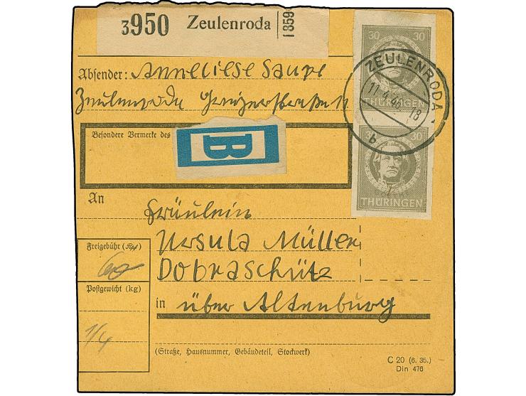 1945, Johann Wolfgang von Goethe 30 Pfg. geschnitten im senkrechten Paar mit Stempel “ZEULENRODA 11.4.46” als portogerechte M