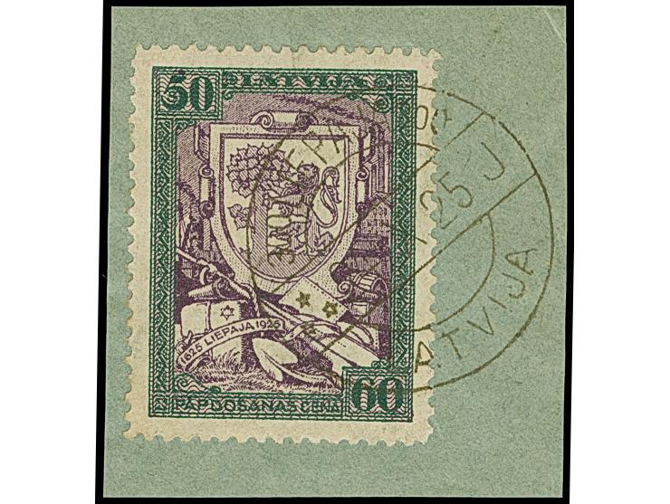 1925, Tercentenary of Liepaja 50 santimi perforated, from position 19 with plate flaw "PAPDOŠANAS instead of PARDOŠANAS", tie