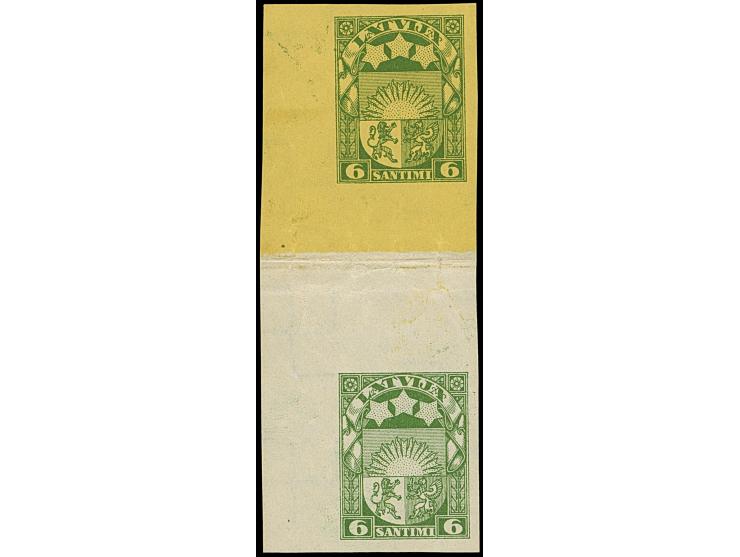 1927, Coat of arms 6 santimi, proof, imperforated vertical gutter pair, the upper stamp in green on yellow, the lower green o
