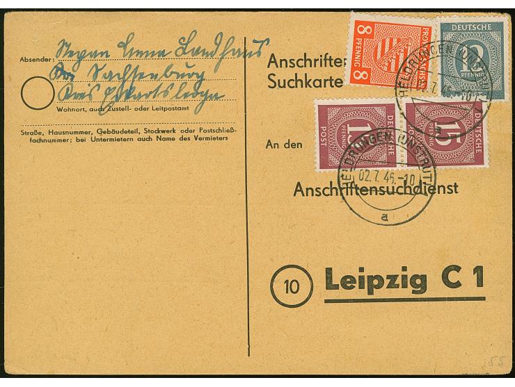 1945, Wappen 8 Pfg. in Mischfrankatur mit Ziffer 12 Pfg. grau und senkrechtes Paar 15 Pfg. lila mit Stempel “HELDRÜNGEN 2.7.4