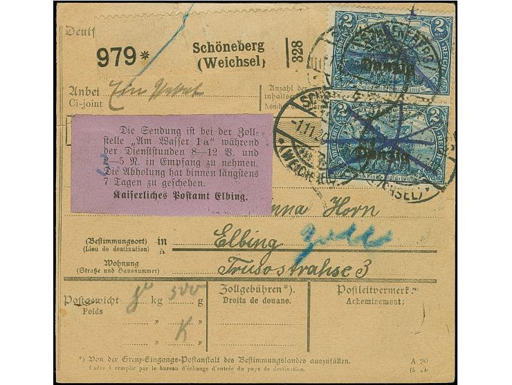 1920, 2 Mark schwarzblau, senkrechtes Paar mit Federzug und Aufgabestempel “SCHÖNEBERG (WEICHSEL) -1.11.20” als Mehrfachfrank