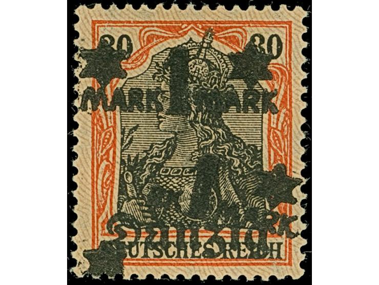 1920, Germania mit lebhaftlilagrauem Netzunterdruck, 1 Mark auf 30 Pfennig, Spitzen nach oben, mit Aufdruckfehler von Feld 85