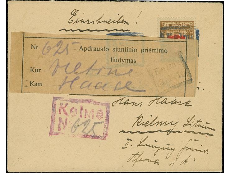 KELME: 1919, Fourth Berlin Issue 3 auksinas, tied by boxed “Kelme 13/X,19” to registered local cover with red boxed registere