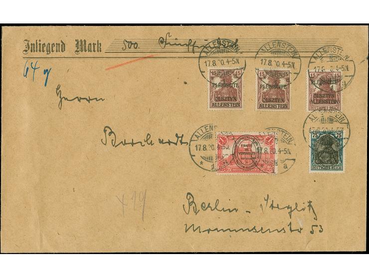 1920, Aufdruckausgabe 15 Pfennig braunrot, sogen. “Siegesmarke”, mit Zufrankatur mit Stempel “ALLENSTEIN 17.8.20” auf gering 