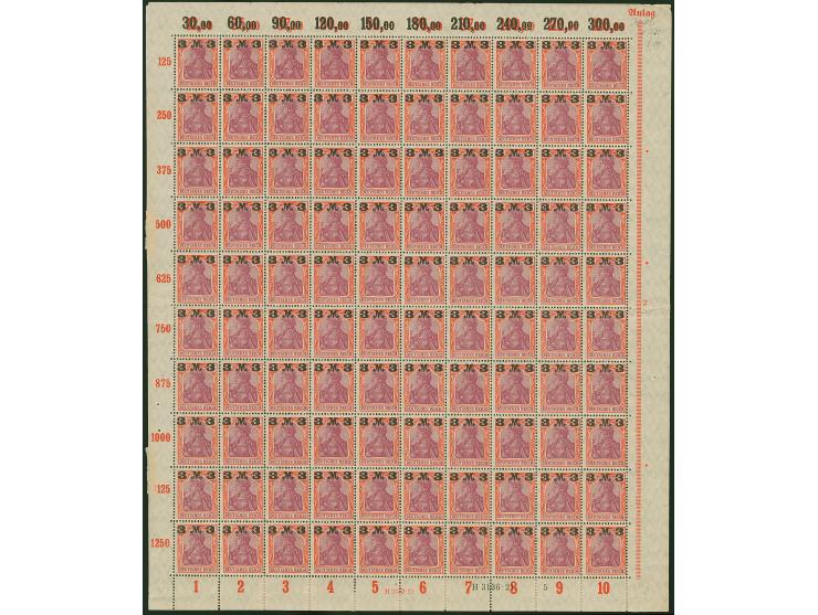 1921, Germania mit neuem Aufdruck 1,60-10 M., je im kpl. Bogen mit Ur-HAN und Aufdruck-HAN, 10 M. mit rußigem Aufdruck, postf