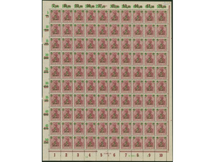 1921, Germania mit neuem Aufdruck 1,60-10 M., je im kpl. Bogen mit Ur-HAN und Aufdruck-HAN, 10 M. mit rußigem Aufdruck, postf