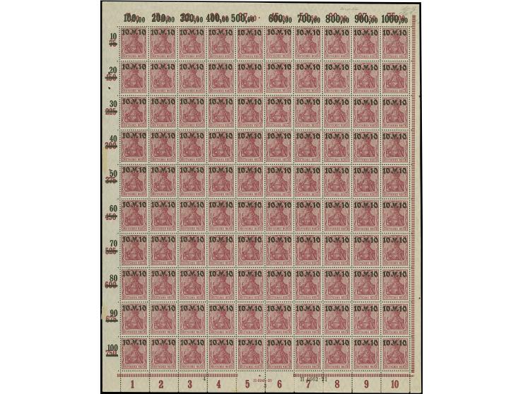 1921, Germania mit neuem Aufdruck 1,60-10 M., je im kpl. Bogen mit Ur-HAN und Aufdruck-HAN, 10 M. mit rußigem Aufdruck, postf
