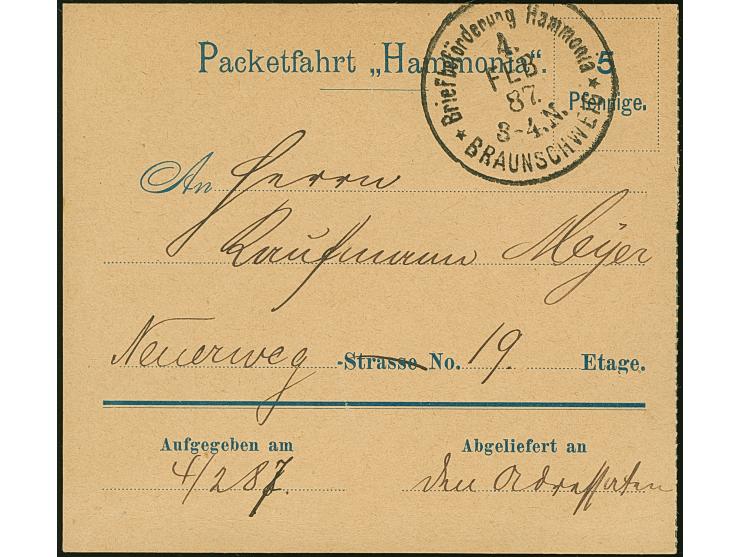 Brief-Beförderung HAMMONIA: 1887, Paketbegleit-Formular 5 Pfennige gebraucht mit stempel “Briefbeförderung Hammonia BRAUNSCHW