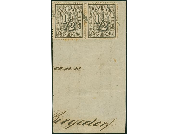 ½ Sch. schwarz, waagerechtes Paar mit jeweils sauber aufgesetztem Strichstempel auf größerem Briefstück (gelöst und replazier