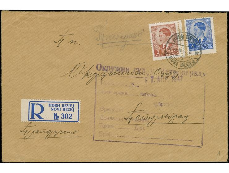 1940, König Peter II. 3 und 5 Dinar mit Stempel “NOVI BECEJ -4.IV.41” auf R-Brief nach Petrovorad mit Ankunftsstempel, einige