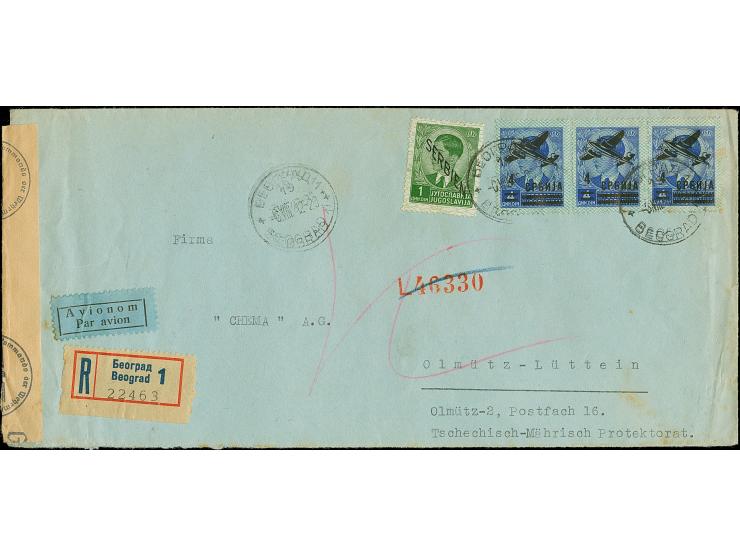 1942, Flugpost 4 auf 4 Dinar, waagerechter Dreierstreifen mit Zufrankatur mit Stempel “BEOGRAD -6.VIII.42” auf großformatigem