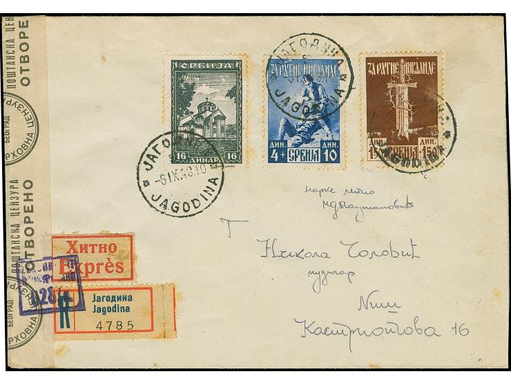 1943, Kriegsinvaliden 1,50+1,50 sowie 4+10 Dinar, mit Zufrankatur Klöster 16 Dinar, mit Stempel “JAGODINA 6.IX.43” auf Eil-R-