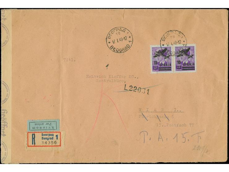 1942, Flugpost 10 auf 12 Dinar, waagerechtes Paar, sauber mit auf- und nebengesetztem Stempel “BEOGRAD 17.I.43” auf großforma