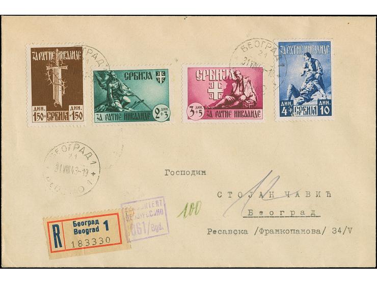 1943, Kriegsinvaliden 1,50+1,50 - 4+10 Dinar, sauber mit Stempel “BEOGRAD 31.VIII.43” auf Orts-R-Brief mit Zensur- und Ankunf