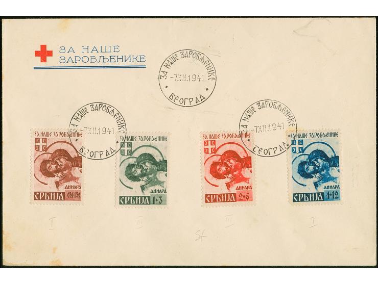 1941, Kriegsgefangene 0,50-4 Dinar, ohne Netzüberdruck, einheitlich mit Stecherzeichen, sauber mit Sonderstempel “BEOGRAD -7.