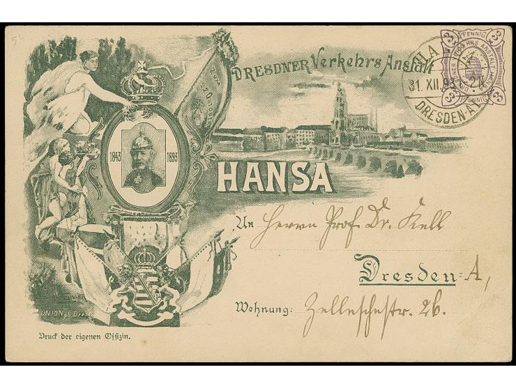 Hansa: 1483, Sonder-Ganzsachenkarte 3 Pfg. “König Albert zum 50-Jahr Jubiläum” ungebraucht und einmal gebraucht mit Stempel “