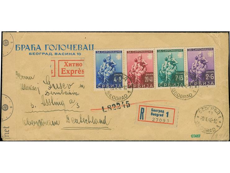 1942, Für die Armen 2+6 - 20+40 Dinar, sauber mit Stempel “BEOGRAD 20.X.42” auf Eil-R-Brief mit Zensurstreifen nach Assling m