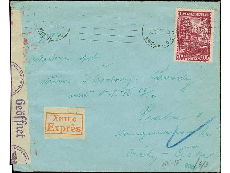 1942, Klöster 12 Dinar, sauber mit Maschinenstempel “KRAGUJEVAC 10.XIII.43” auf portogerechtem, zensierten Express-Brief nach
