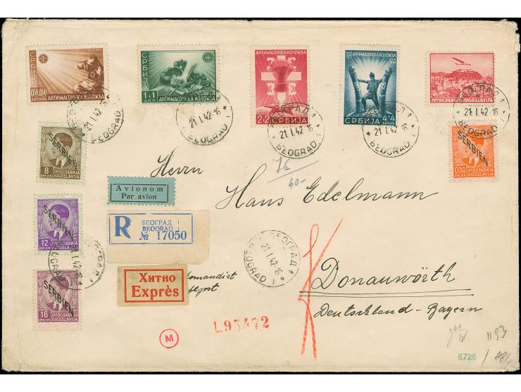 1942, Anti-Fraumaurer Ausstellung 0,50-4 Dinar komplett, in Mischfrankatur mit Freimarken 0,50 Din., 8 Din., 12 Din. und 16 D