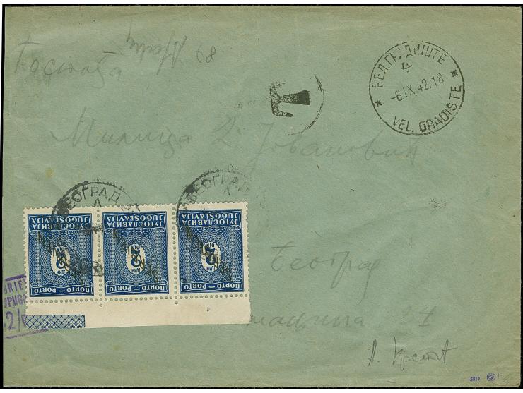 1941, 2 Dinar, waagerechter Oberrand-Dreierstreifen, sauber mit Stempel “BEOGRAD” auf in “VEL. GRADISTE -9.IX.42” unfrankiert