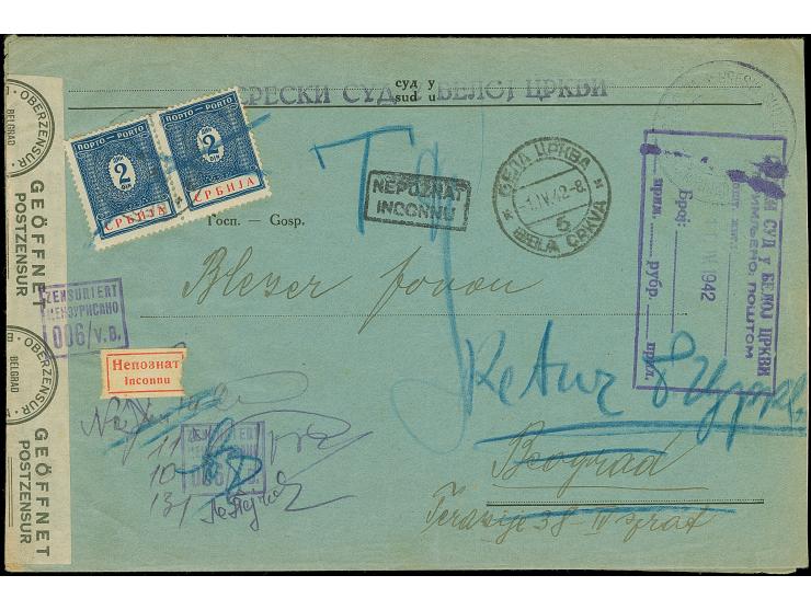 1942, Ziffern 2 Dinar, waagerechtes Paar, sauber mit Stempel und Blaustiftentwertung auf unfrei aufgegebenem Gerichtsbrief au