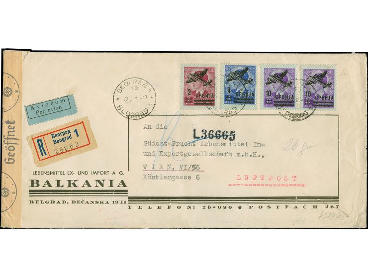 1942, Flugpost 2-4 Dinar, je als Einzelwert sowie 10 Dinar, zwei Einzelwerte, sauber mit Stempel “BEOGRAD -2.X.42” auf Luftpo