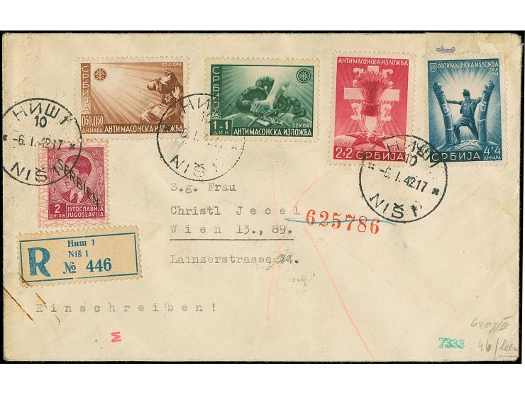 1942, Anti-Freimaurer Ausstellung 0,5-4 Dinar mit Zufrankatur, sauber mit Stempel “NIS -6.I.42” auf gering fleckigem, leicht 