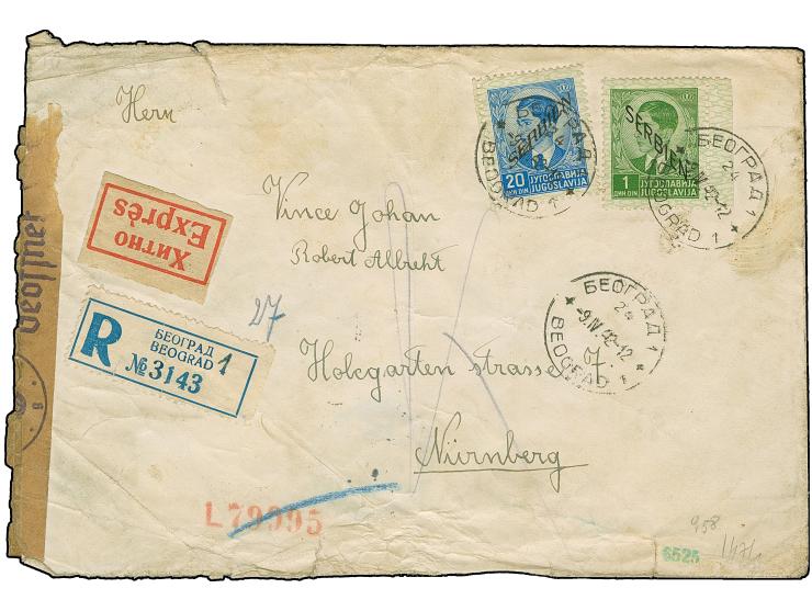 1941, König Peter II. 20 Dinar zusammen mit 1. Ausgabe König Peter II. 1 Dinar, mit Stempel “BEOGRAD -9.IV.42” auf portogerec