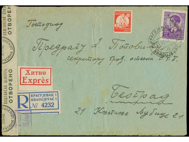 1941, 12 Dinar mit Stempel “KRAGUJEVAC 11.VI.42” auf Eil-R-Brief nach Beograd mit Zensurstreifen links, einmal senkrecht gefa