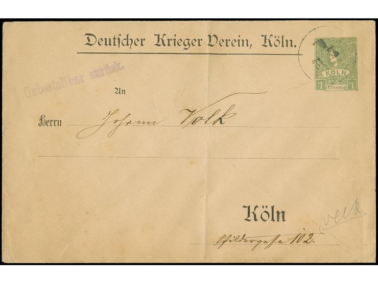 Circular-Beförderung: 1888. Ganzsachenumschlag auf Privatbestellung 1 Pfg. olvigrün “Deutscher Krieger-Verein, Köln” gebrauch