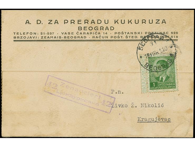 1941, König Peter II. 1 Dinar dunkelsmaragdgrün, ohne Aufdruck “SERBIEN”, sauber mit Stempel “BEOGRAD 16.VIII.41” auf Postkar