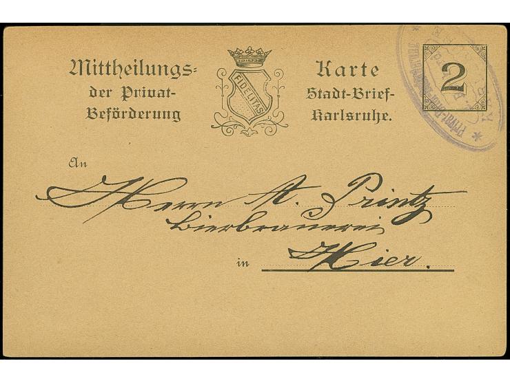 Karlsruhe-Privat-Brief-Verkehr: 1886, Ganzsachenkarte 2 Pfg. mi violettem Ovalstempel “Privat-Brief-Beförderung KARLRUHE E. R