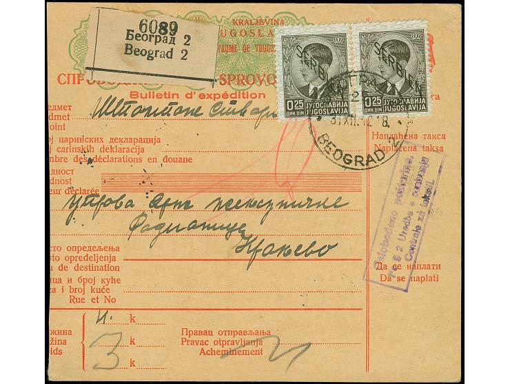 1941, König Peter II. 0,25 Dinar, waagerechtes Paar, sauber mit EKr. "BEOGRAD 2 31.12" auf Postformular mit Ra3 "Oslobeno pos