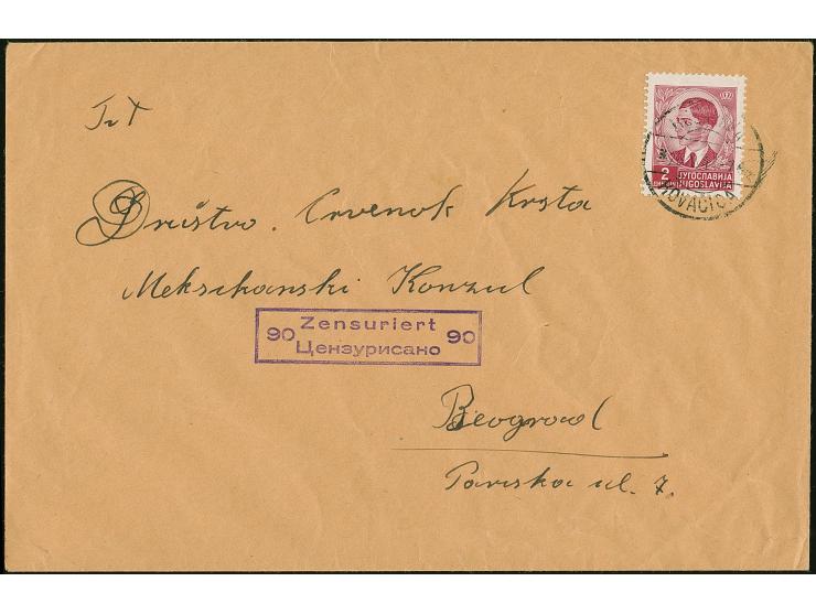 1941, König Peter II. 2 Dinar, sauber mit Stempel “KOVACICA 25.V.41” auf Brief mit nebengesetztem Zensur-Ra2 “Zensuriert 90” 