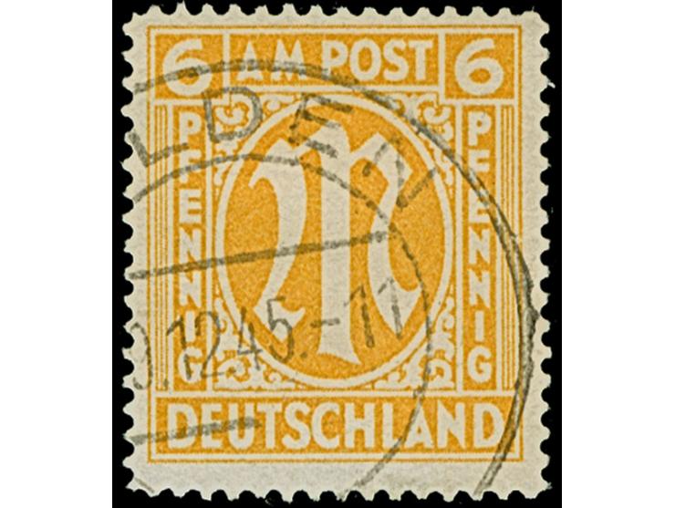 1945, Englischer Druck, 6 Pfg., gez. L14½, farbfrisch und gut gezähnt, sauber gestempelt “HILDEN 9.12.45”, tadellos, sign. He