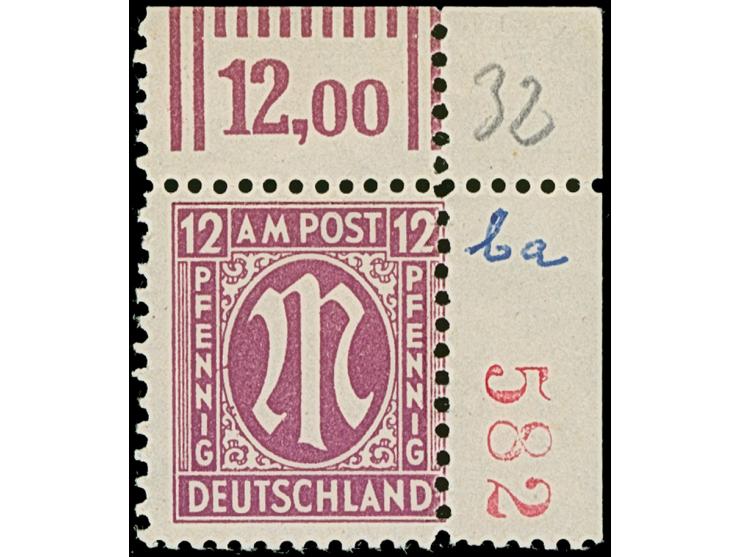 1945, Deutscher Druck, 12 Pfg., gez. 11½:11, rechte obere Bogenecke mit roter, dreistelliger Bogenzählnummer “582”, postfrisc
