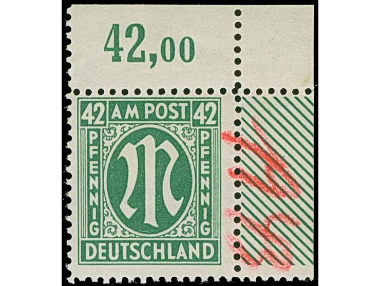 1945, Deutscher Druck, 42 Pfg., gez. 11, rechte obere Bogenecke mit handschriftlicher, roter, vierstelliger Bogenzählnummer “