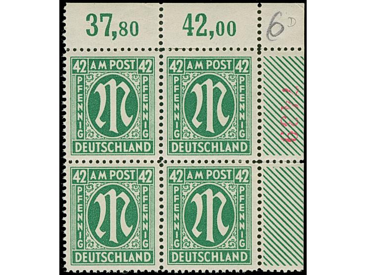 1945, Deutscher Druck, 42 Pfg., gez. 11½, Viererblock aus der rechten oberen Bogenecke, mit roter, vierstelliger Bogenzählnum
