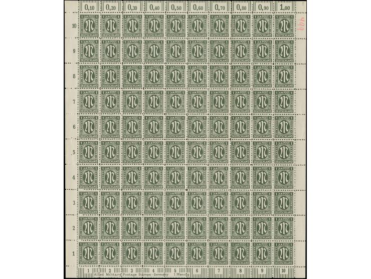 1945, Deutscher Druck, 1 Pfg., gez. 11:11½, kompletter Bogen mit handschriftlicher, roter Bogenzähl