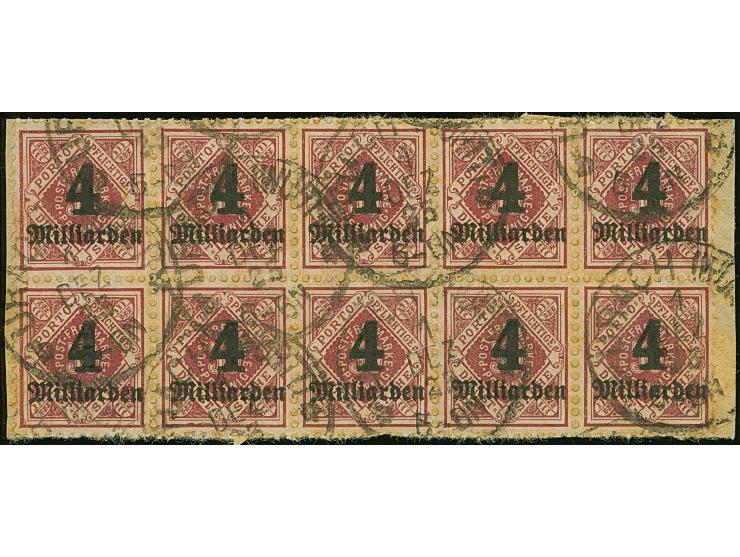 1923, 4 Mrd. auf 50 Pfg., karmin, waagerechter 10er-Block, mit EKr. “URACH (WÜRTT)” 1 DEZ 23 auf Briefstück, die Marken etwas