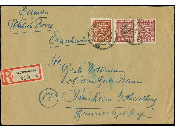 1945, Wappen 15 Pfg. mit Wasserzeichen 1 X im waagerechten Paar, mit Zufrankatur Wappen 24 Pfg., auf portogerechtem R-Fernbri