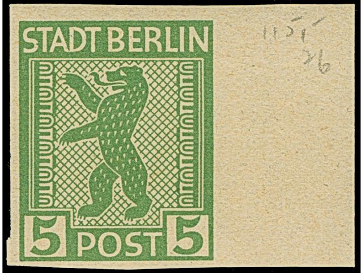 5 Pfg. mit waagerechter Gummiriffellung, voll-bis breitrandig ungezähnt, rechts mit breitem Bogenrand (hierauf entfernbare Bl