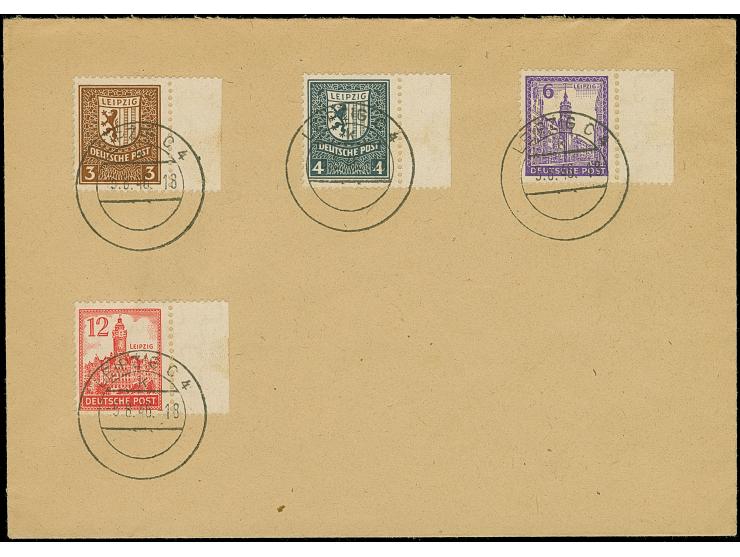 Abschiedsserie, Wz. 'Stufen fallend', 3-12 Pfg., einzeln sauber gestempelt “LEIPZIGC1k 5.8.46”, auf Blanko-Umschlag. Tadellos