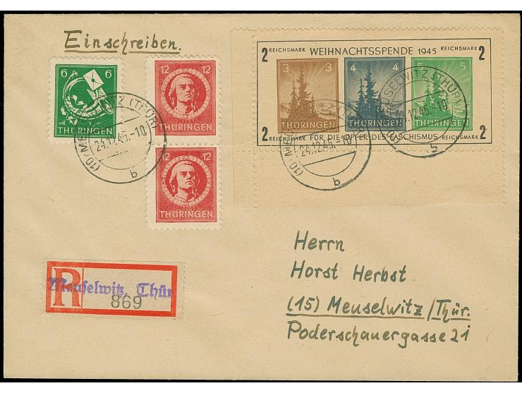 1945, Antifa-Block auf gelbgrauem Papier, mit Zufrankatur auf überfrankiertem Orts-R-Brief von “MEUSELWITZ 24.12.45”. Einwand