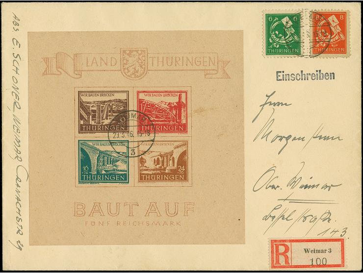 1946, Brückenbau-Block mit 12 Pfg. rot , mit echtem Vor-Ersttagsstempel “WEIMAR 3 29.3.46” auf Orts-R-Brief, mit Ankunftstste