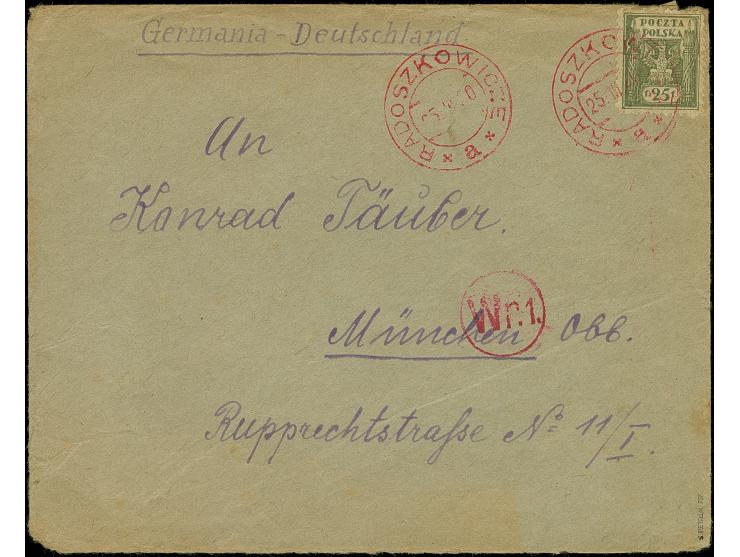 “RADOSZKOWICZE *a* 25.III.20”, provisional red cds. on Coat of arms 25 f. olive on cover via Warsaw with censor mark “Wr.1” t
