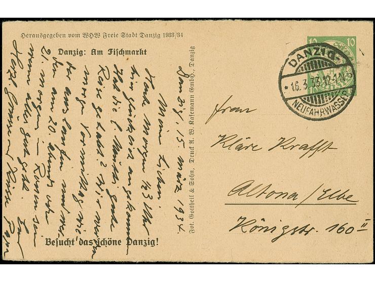 HALBAMTLICHE POSTKARTE: 1934, Winterhilfswerk 10 Pfg. grün, 3 Stück ( ‘Rathausturm’ und ‘Am Fischmarkt’) sauber bedarfsgebrau