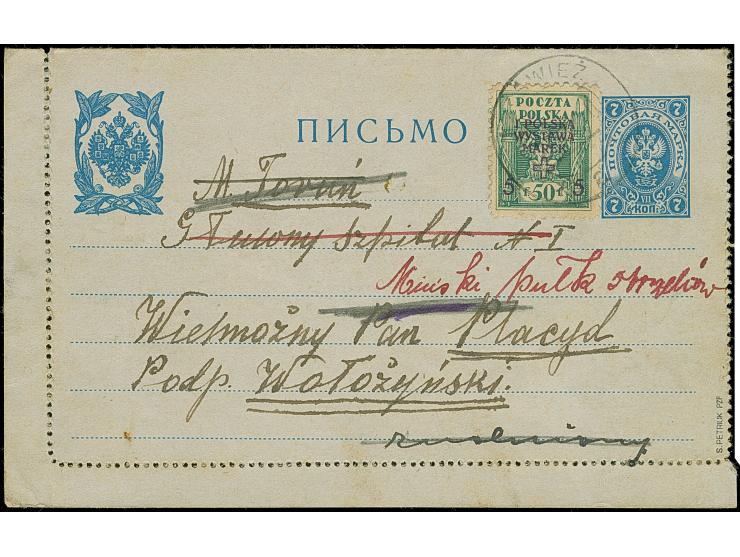 “NIESWIUEZ” on 1st. National stamp exhibition 50+5f. green, tied to Postal stationery card, used as form, to Torun, from ther