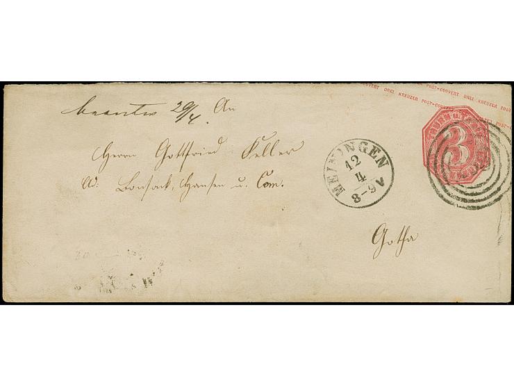 1865, Umschlag 3 Kr. rosa im Damenformat mit leicht aufgesetzter Nr. "258" und sauber nebengesetztem Fingerhutstempel "MEININ